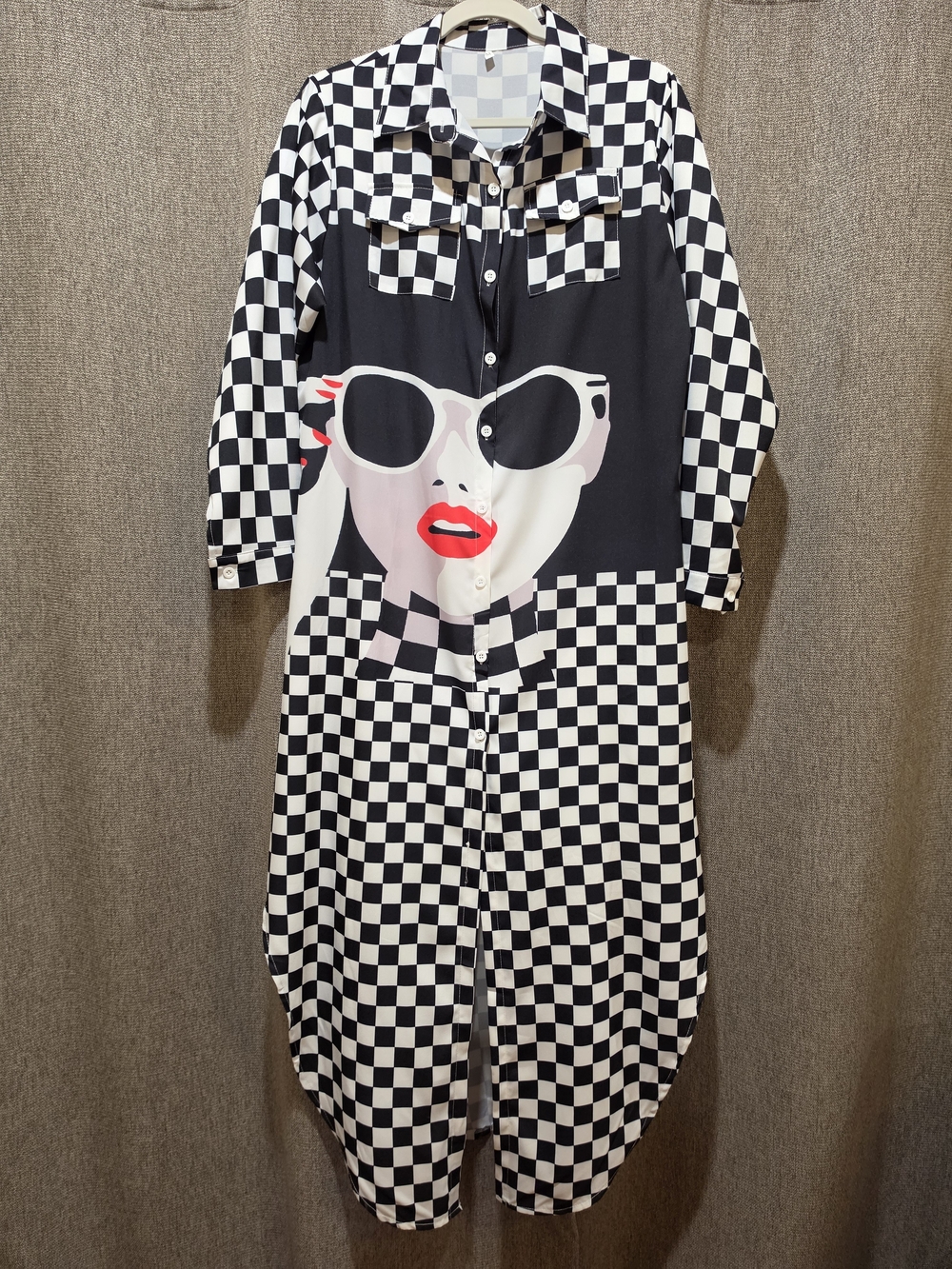 Black & White Checkerboard Shirt Dress with Graphic Face